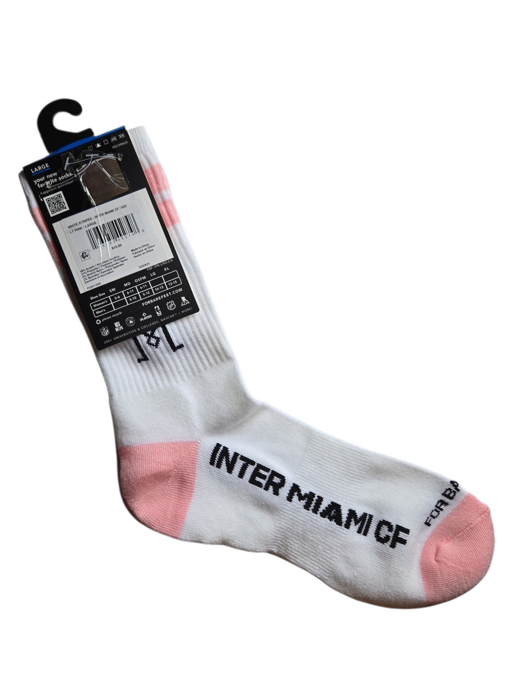 For Bare Feet-Inter Miami CF White & Pink Crew Socks LARGE -Unisex - Picture 2 of 5